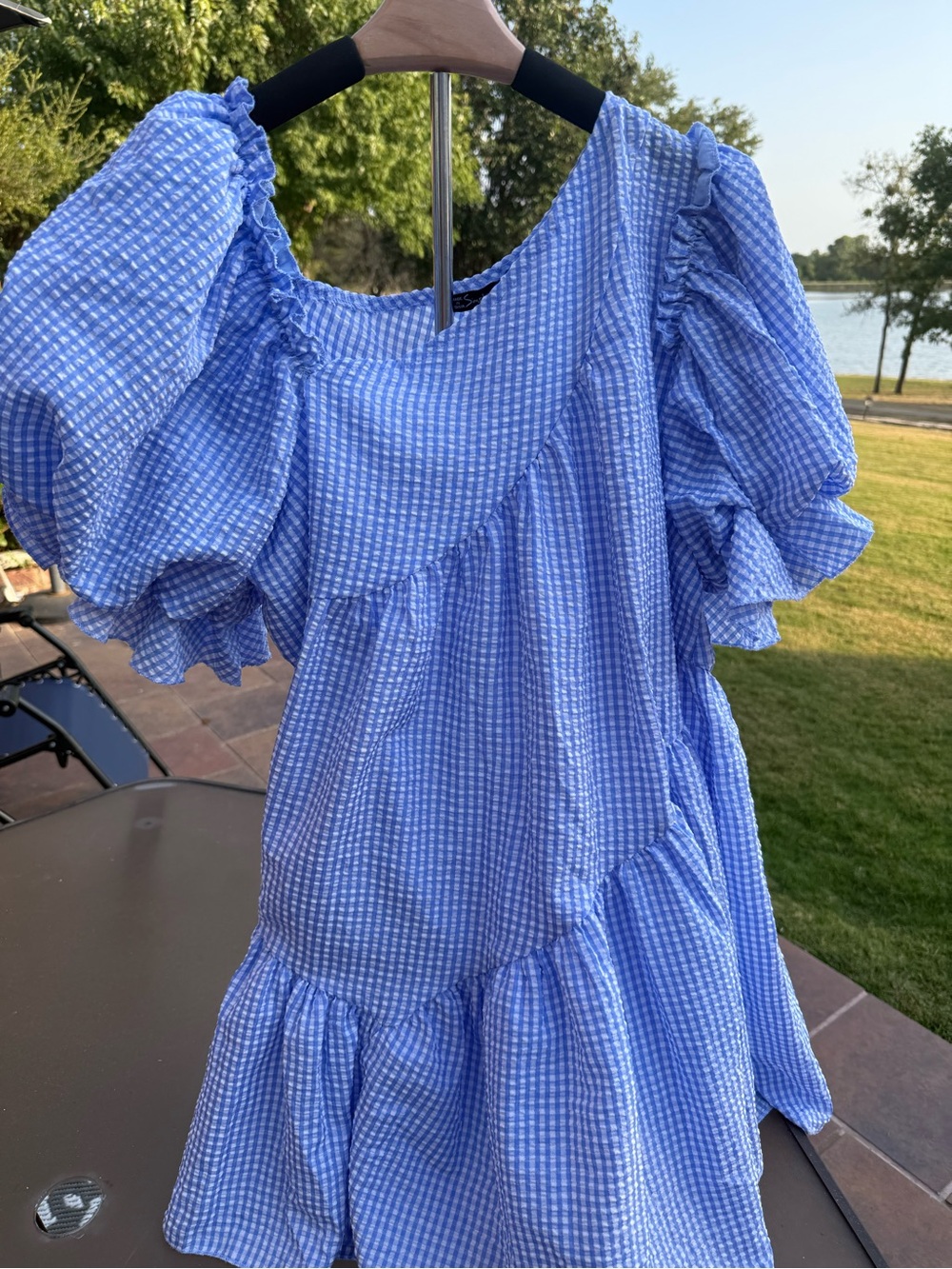 Blue gingham baby puff flow game day dress NWOT ole miss medium M Simplee brand